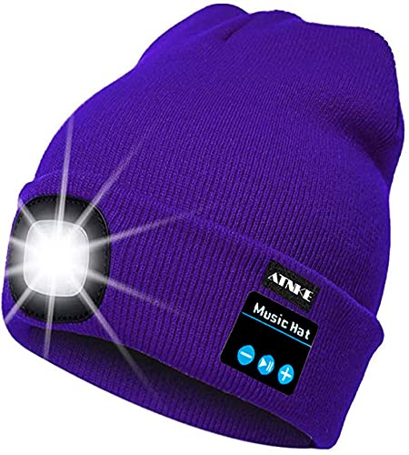 ATNKE LED Lighted Bluetooth Beanie Cap, USB Rechargeable Wireless Musical Running Hat Ultra Bright 4 LED Light Lamp Use for Skiing Hiking Camping Cycling