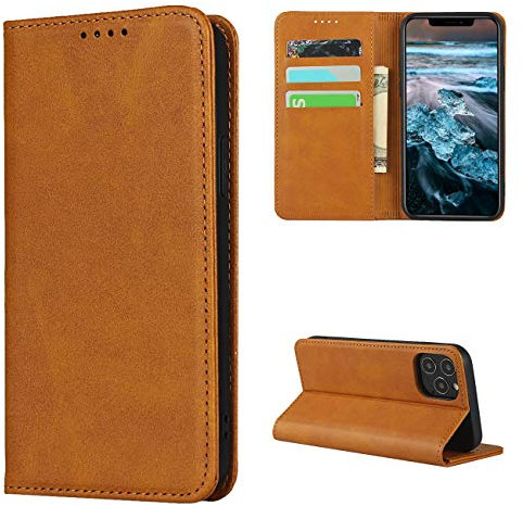 Copmob Case for iPhone 12/12 Pro, Leather Flip Wallet Case [3 Slots] [Stand Function] [Magnetic Closure] Flip Cover Case for iPhone 12/12 Pro – Light Brown