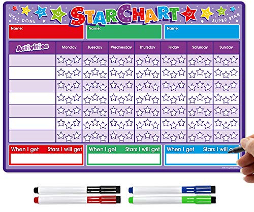 TMS Reward Chart for Children | Magnetic Star Chart for Recognising and Inspiring Good Behaviour in Toddlers and Kids, Boys and Girls | Comes with 4 Magnetic Coloured Dry Wipe Pens (Purple)
