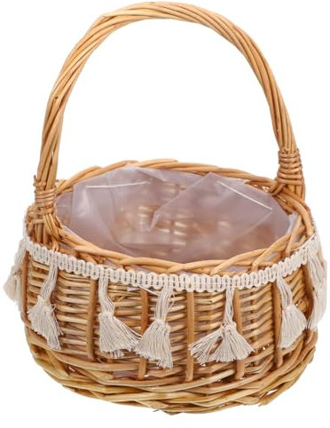 Angoily 1 cestino da matrimonio, in vimini, stile rustico, rotondo, in vimini, con manico per fiori, frutta, giocattoli, caramelle, uova, misura ;