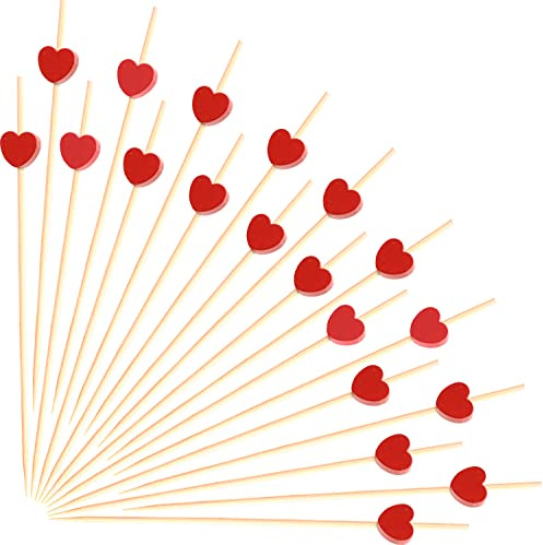 100 palillos de cóctel de corazón rojo de 4.7 pulgadas de largo, palillos de frutas, palillos de dientes, sándwich, aperitivos, brochetas de charcutería, hechas a mano de madera de bambú, para