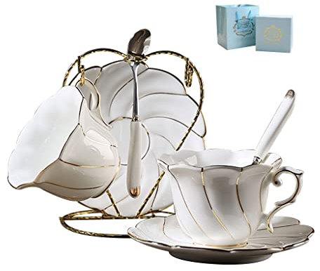 ZOGBX Ensembles De Tasses À Thé Et Soucoupes en Porcelaine avec Garniture en Or Et Boîte-Cadeau, Tasses À Café Britanniques, Service À Thé en Porcelaine, Tasse Blanche (8,1 Oz)