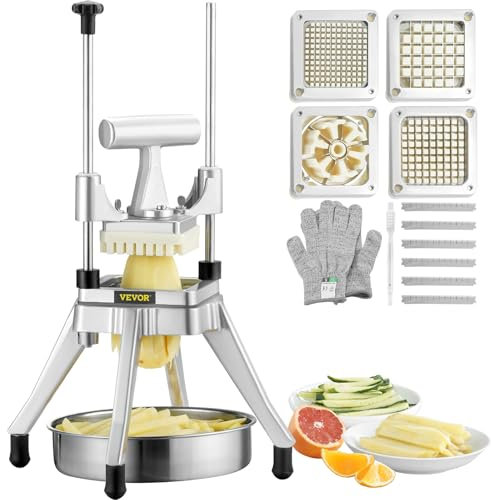 VEVOR Commercial Vegetable Fruit Chopper, Stainless Steel French Fry Cutter w/ 4 Blades 1/4 3/8 1/2, Vegetable Chopper Dicer w/Stainless Bowl, Heavy Duty Cutter for Potato Tomato Onion Mushroom