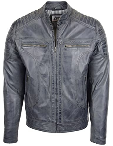 Giacca da motociclista in vera pelle da uomo Cafe Racer Style Eddie, Grigio, L
