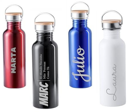 Botella de Agua de Acero Inoxidable Personalizada / Grabado a Láser Permanente / Bidón de 800 ml… (Negro)