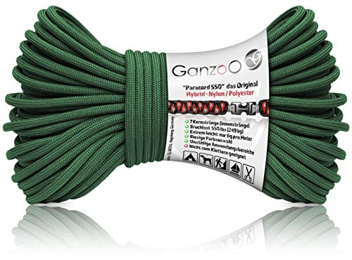 Ganzoo Paracord 550 Seil dunkel grün, 4mm, Typ 3, Nylon Polyester, Hybrid, Armband, Hunde-Leine, Hunde-Halsband knüpfen, ca. 250kg Bruchlast, Outdoor Rope, Camping Schnur, Allzweckseil, 30 Meter