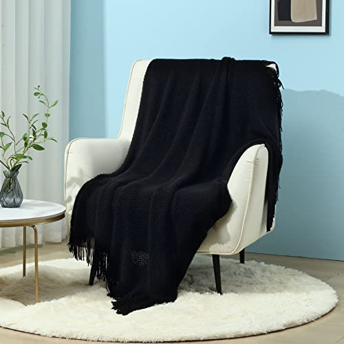 CREVENT Bauernhaus-Couch-Sofa-Überwurf, Decke für Schlafzimmer, Wohnzimmer, weich, warm, gemütlich, leicht, für Frühling, Sommer, Herbst (127 x 152 cm, schwarz)