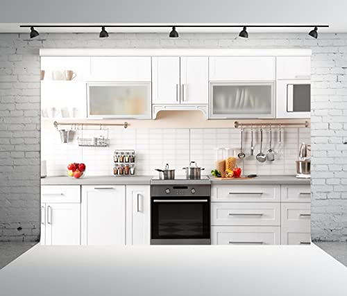 BELECO 2.5x1.8m Fabric Modern Kitchen Backdrop for Photography White Kitchen Wall Background for Video Recording Cooking Party Decorations Kids Adults Portrait Photoshoot Studio Booth