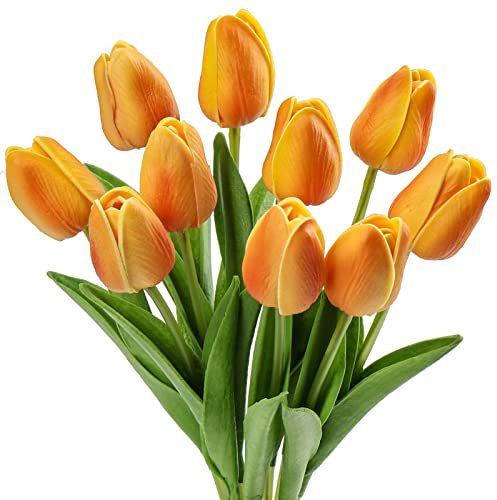 10 pcs Künstliche Blumen Tulpen, Decor Kunstblumen sehr echt, Plastikblumen Tulpen PU Latex real Touch, Gefälschte Blumen Tulpen Orange für Hochzeitszimmer Decor Wohnzimmer Büro Hotel Küche Decor