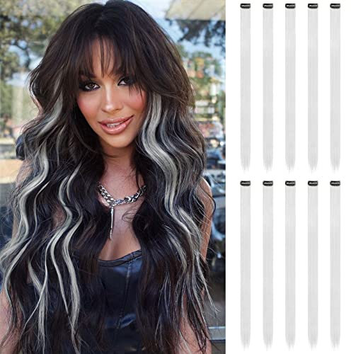 FESHFEN Farbige Haarverlängerung, 10 PCS Silber Haarteil für Damen Party Highlight Synthetik Glatte Bunte Haarverlängerungen Clip in Extensions Haarteil für Frauen, 55cm