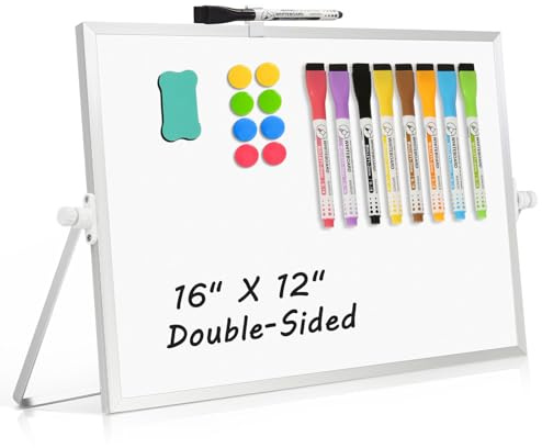 AMUSIGHT Dry Erase Magnetic White Board, 16 x 12 Double-Sided Desktop Whiteboard with Stand, Portable Small Whiteboard Set for Drawing, Office, Home