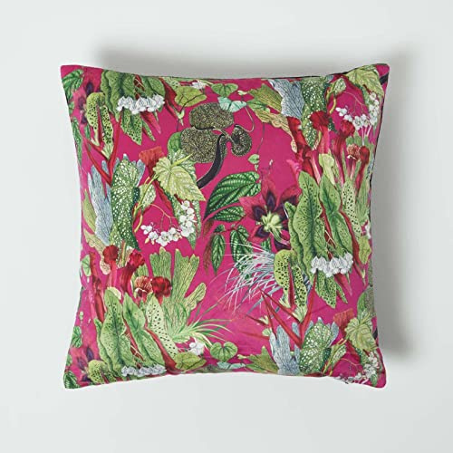 Homescapes Samt-Kissenbezug Tropical pink 46x46 cm, Hülle für Dekokissen mit Blumen und Blättern, Wendekissen-Bezug pink-schwarz