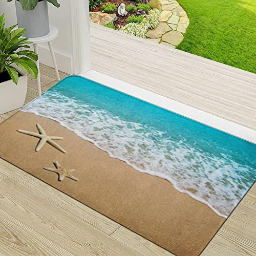 Zerbino Ingresso,Stelle marine dell'onda blu sul mare dell'acqua di scena della sabbia della spiaggia,Antiscivolo Assorbente Resistente allo sporco Tappeto Cucina Tappeto Tappeto Entrata Zerbino