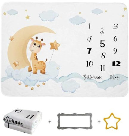 Coperta Mesi Neonato in ITALIANO per Maschio e Femmina 140 x 100 cm Idea Regalo per Bambino Neonato Copertina plaid per Foto utile come Tappeto Giochi Neonato Design Unisex Nuova Collezione
