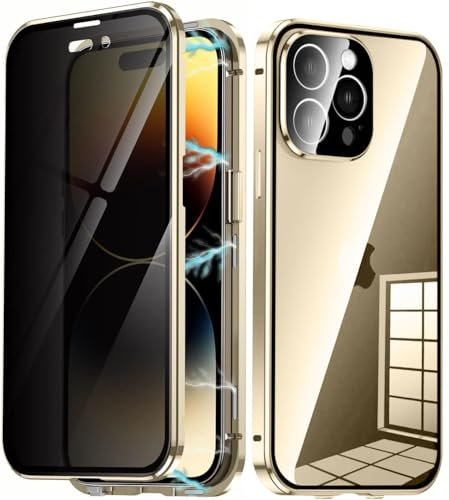 Astter Privacy Case for iPhone 14 Pro,360 Degree Full Body Protection Anti-peeping Tempered Glass Cover,Anti Spy Screen Protector,Magnetic Adsorption Metal Cover+Camera Lens Protector-Gold