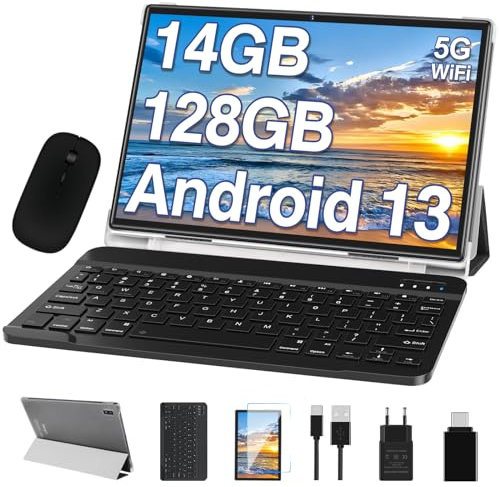 Oangcc Tablette 10 Pouces FHD Android Tablette Tactile, 14Go RAM+128Go ROM/TF 1To, Octa-Core, 2Ghz, 5G WiFi, 8000mAh, 5+8MP, BT 5.0, Certifié GMS, AGPS, Tablette 2 en 1 avec Clavier+Souris - Gris
