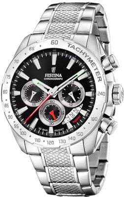 Festina Chronograph für Herren (44,5 mm) Schwarzes Zifferblatt, Edelstahlarmband F20668/4