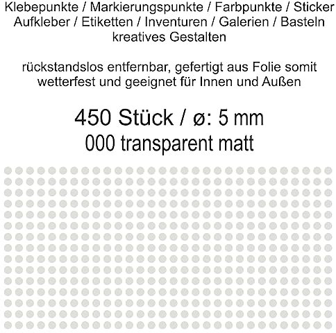 Aufkleber Etiketten Klebepunkte aus Folie 450 Stück transparent durchsichtig matt rund 5 mm selbstklebend farbig wetterfest Decal Markierungen Organisieren DIY basteln verzieren Modellbau Scrapbooking
