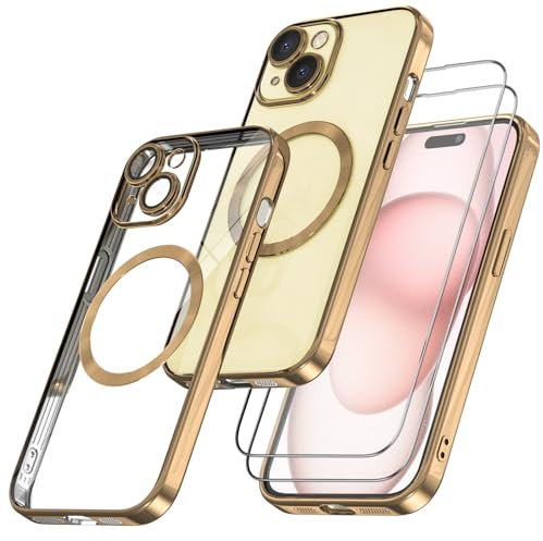 Giolus Clear for iPhone 15 Plus Case Compatible with Mag-safe with Camera Protection and 2 Pack Screen Protector, Transparent Magnetic Slim Silicone Case Shockproof Scratch Resistant Case Gold