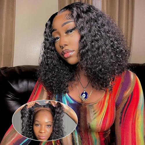Omswet Pelucas de cabello humano rizado sin pegamento, prearrancado, peluca de cabello humano rizado con cierre de encaje HD de 5 x 5, pelucas de cabello humano para mujeres negras, peluca de encaje