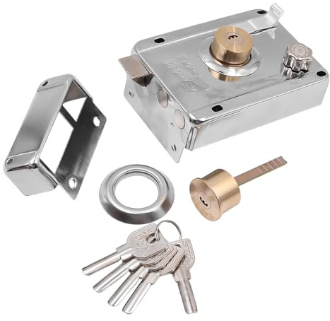 ZONADAH Door Lock Set with 5 Keys Stainless Steel Cylinder Deadbolt Rim Lock Security Latch Exterior Interior Bedroom Office Entry Room Door Right Open with Card Shell