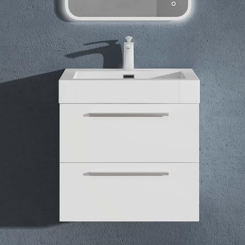 doporro Badmöbel-Set Waschbeckenunterschrank mit Soft-Close in Matt Weiß 60x48x60cm Waschplatz komplett Set inkl. Mineralguss-Waschbecken Quadratto