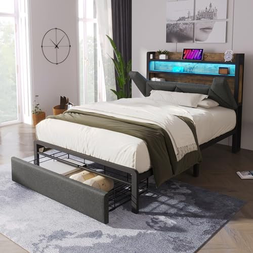 Merax Polsterbett Metallbett 90x200cm mit Schubladen, LED-Beleuchtung, USB & Stauraum Kopfteil, Einzelbett Bettgestell mit Lattenrost aus Metallrahmen, Stauraumbetten, Jugendbett, ohne Matratze, Grau