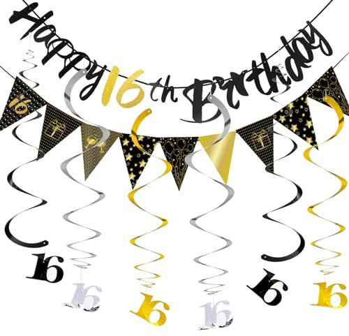 16 Geburtstag Junge Mädchen Partydeko Set, Happy Birthday Banner 16 Jahre,Sweet 16 Deko Luftschlangen,Deko 16 Geburtstag Mädchen Schwarz Gold,16. Geburtstage Junge Girlande Spiralen,Geburtstagsdeko 16