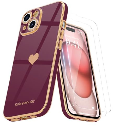 Teageo for iPhone 15 Case with 2 Screen Protector Heart Pattern for Women Girls Luxury Bling Plating Soft TPU Anti-Scratch Shockproof Bumper Phone Case for iPhone 15, Wine red