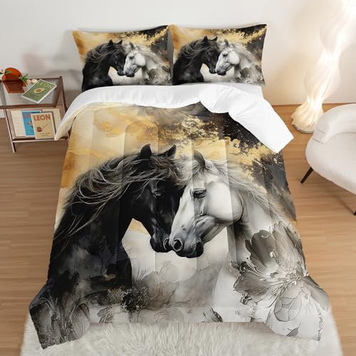 UEVBF Juego de edredón de caballos blancos y negros, tamaño individual, juego de ropa de cama con pintura de tinta dorada para niños y adultos, decoración de caballos, juego de edredón estético