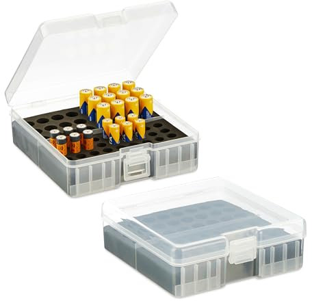 Relaxdays Batteriebox, 2er Set, für 60 AA & AAA Batterien, HxBxT: 5,5 x 15 x 15,5 cm, Batteriekiste, transparent/schwarz