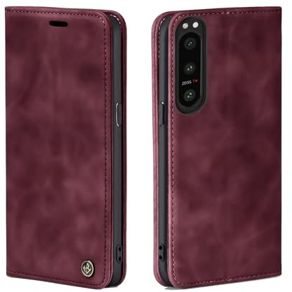 LBH Handyhülle für Sony Xperia 5 IV in Weinrot mit Karten- und Geldfach Smartphone Hülle mit Standfunktion Flip Case Schutzhülle Magnetverschluss Vintage