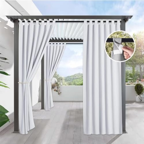 Tielag Outdoor Vorhang Wetterfest, Blickdicht 132×183cm, Sichtschutz Sonnenschutz, Wasserdicht mit Klettverschluss, Outdoor Gardinen für Balkon Pavillon Terrasse, Weiß