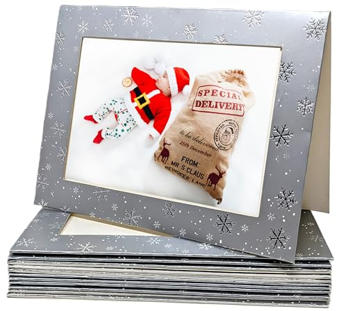 12 silberfarbene Weihnachtskarten mit Fotorahmen, für 15,2 x 10,2 cm große Fotos, personalisierte Weihnachtsgrußkarten mit Schneeflocken-Design, innen blanko, inklusive weißen Umschlägen, festliches