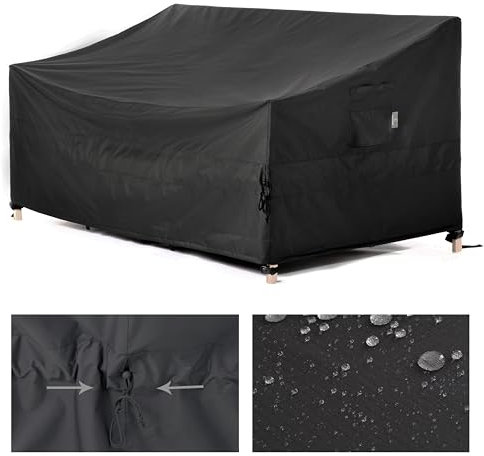 F&J Outdoors Gartensofa Abdeckung Wasserdicht Bank Abdeckungen 2-3 Sitzer Patio Stoff Sofa Abdeckungen Outdoor-Möbel Cinched Taille Winddicht Protector Schwarz,158x99x66/91cm