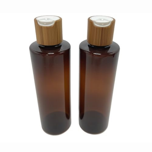 BEECO GIF2U Empty Cosmetic Bottles 8oz/250ml 2 PACK With Bamboo Disc Top Flip Cap for Shampoo Lotion Liquid Soap,Cream,Refilable Plastic Squeeze Travel Size Toiletry Bottles Brown