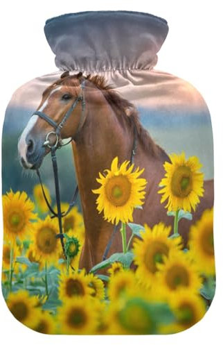 Hot Water Bottle with Cover, Horse Sunflower 2L Leakproof Hot Water Bag for Hand Feet Warmer, Neck, Shoulder, Back, Muscle Pain Relief, Cold Compress