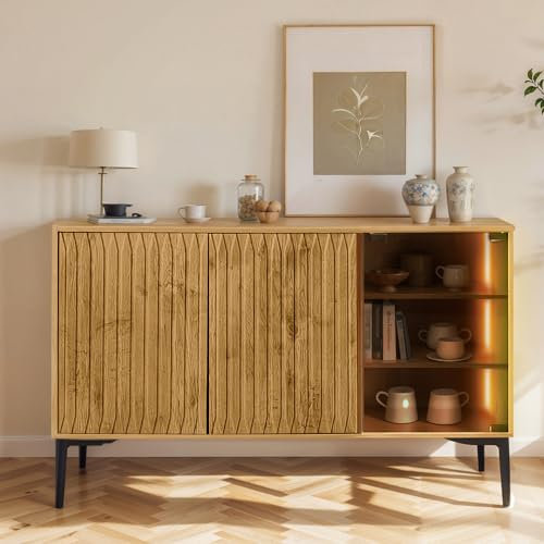 SHUGUANG Aparador con Tira de Luz LED, Elegante Vitrina Retro con Puertas de Vidrio Transparente Curry, Aparador Estilo Campestre, Mueble de Cocina Comedor, 120 x 35 x 57 cm, Mueble de Salón