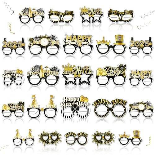 SEPGLITTER Silvester Brille, 24 Stücke Happy New Year Brille 2025 Partybrille Silvester Schwarz Gold Happy New Year Partybrillen 2025 Silvester Foto Requisiten