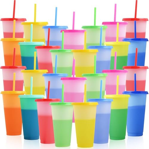 30 vasos de plástico con tapa y pajita reutilizables que cambian de color para fiestas, cumpleaños, tazas de café helado, vasos de viaje, vasos para bebidas frías, paquete grande de 710 ml