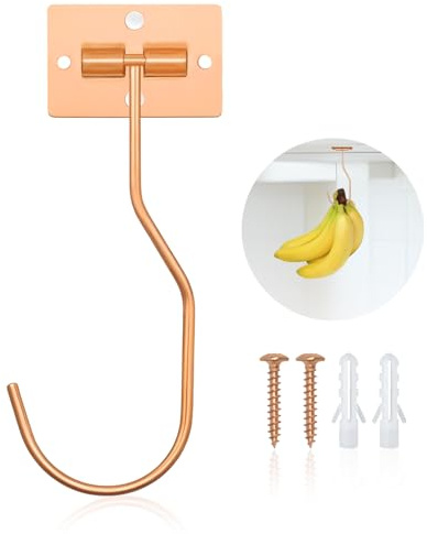 Ticway Banana Hanger Hook – Space Saving Banana Holder Hanger to Keep Bananas Fresh, Self Adhesive and Screw Banana Hook 1Pack Rose Gold