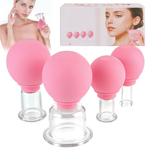 YYTECH Lot de 4 ventouses en verre avec boule d'aspiration en silicone pour le visage - Massage sous vide - Détoxification contre les tensions, les rides et la cellulite - Pour toutes les parties du