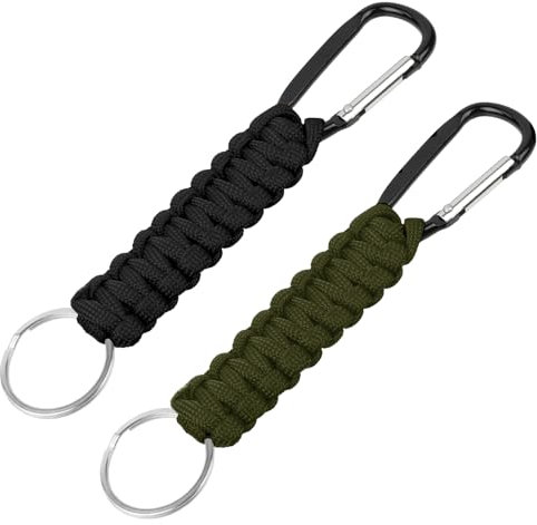 OFFCUP 2pcs Paracord Llaveros con Mosquetón, Clip de Gancho de Anillo de Cordón, Corto Cordón para Cuello Llaves Trenzado para Mochilas Camping Senderismo (Negro+ Verde)