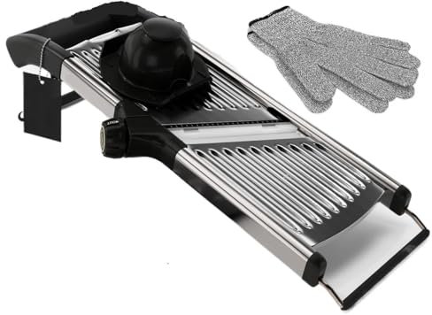 Mandolina cortadora de alimentos ajustable de acero inoxidable con guantes resistentes a los cortes [mejorada] - Mandolina cortadora en juliana de cocina de mano profesional