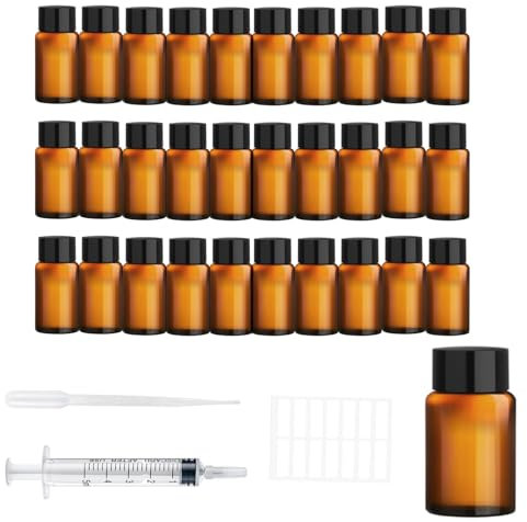 Ksnowqi 30 Piezas Ambar Frasco Cuentagotas Cristal 5ml, Pequeños Recipientes de Aceites Esenciales, Botes Cuentagotas, Mini Botellas de Perfume para Llenar, Sabores, Spa, Masaje, Aromaterapia