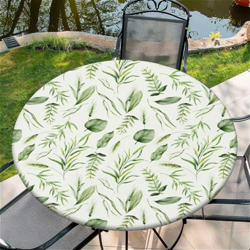 Outdoor Runde Tischdecke mit Gummizug Ø 60(150cm) - Elastisch Garten tischdecke mit Grüne Blätter Muster Passend für 135-145cm breite Tische