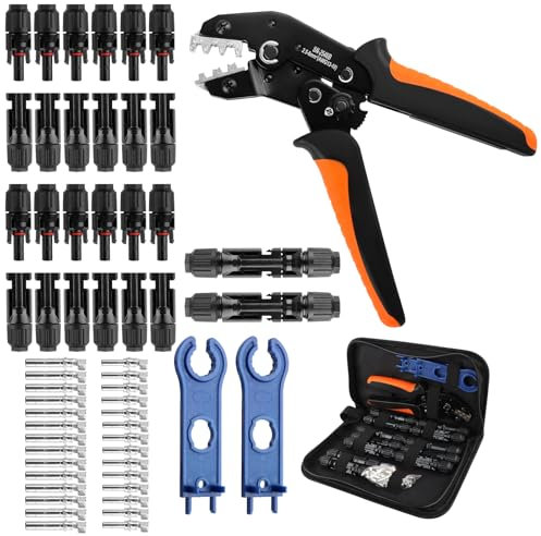 QOUBNIC Kit de sertissage pour systèmes photovoltaïques pour 1.5-2.5/4.0/6.0 mm², jeu de pinces à sertir solaires, 1 pince à sertir 12 paires de connecteurs 14 connecteurs photovoltaïques 2 clés