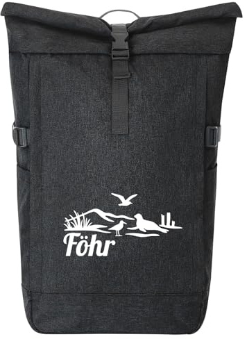 Huuraa Kurierrucksack Föhr Strandmotiv 30-44 Liter Black Melange Fairtrade Rolltop Rucksack Geschenkidee