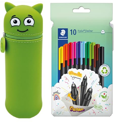 COLOP MARKY Federmäppchen im Emoji-Design in Grün, weiches und strapazierfähiges Silikon, inkl. 10 STAEDTLER triplus Fineliner 334, dreikant, superfeine Spitze, ca. 0.3 mm, aus 97% Rezyklat