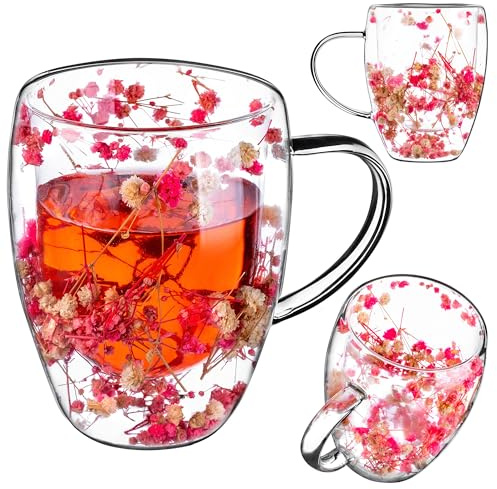 KADAX Verres à café à double paroi - 350 ml - Verres thermiques pour thé et café - Verres à thé en verre borosilicate - Tasse à café avec fleurs séchées - Rose